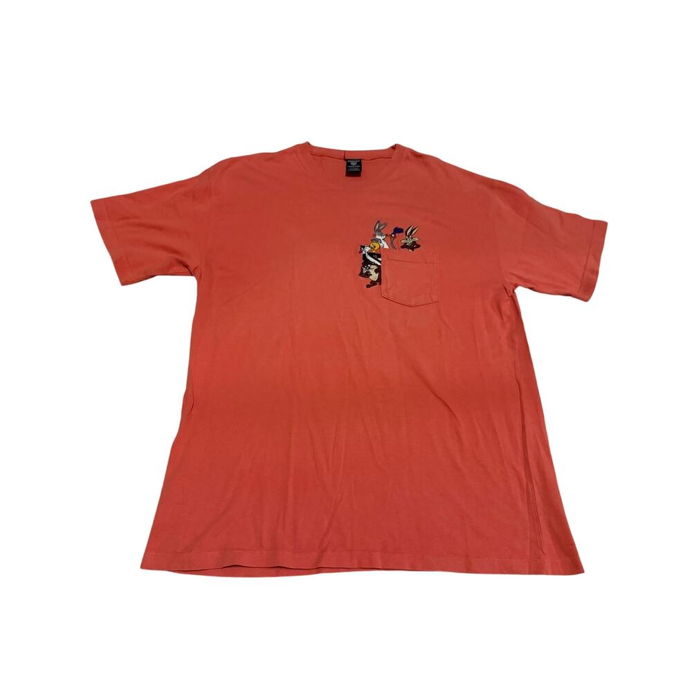 Vintage Looney Tunes Pocket T Shirt Coral Pink Large Bugs Bunny Taz Embroidered